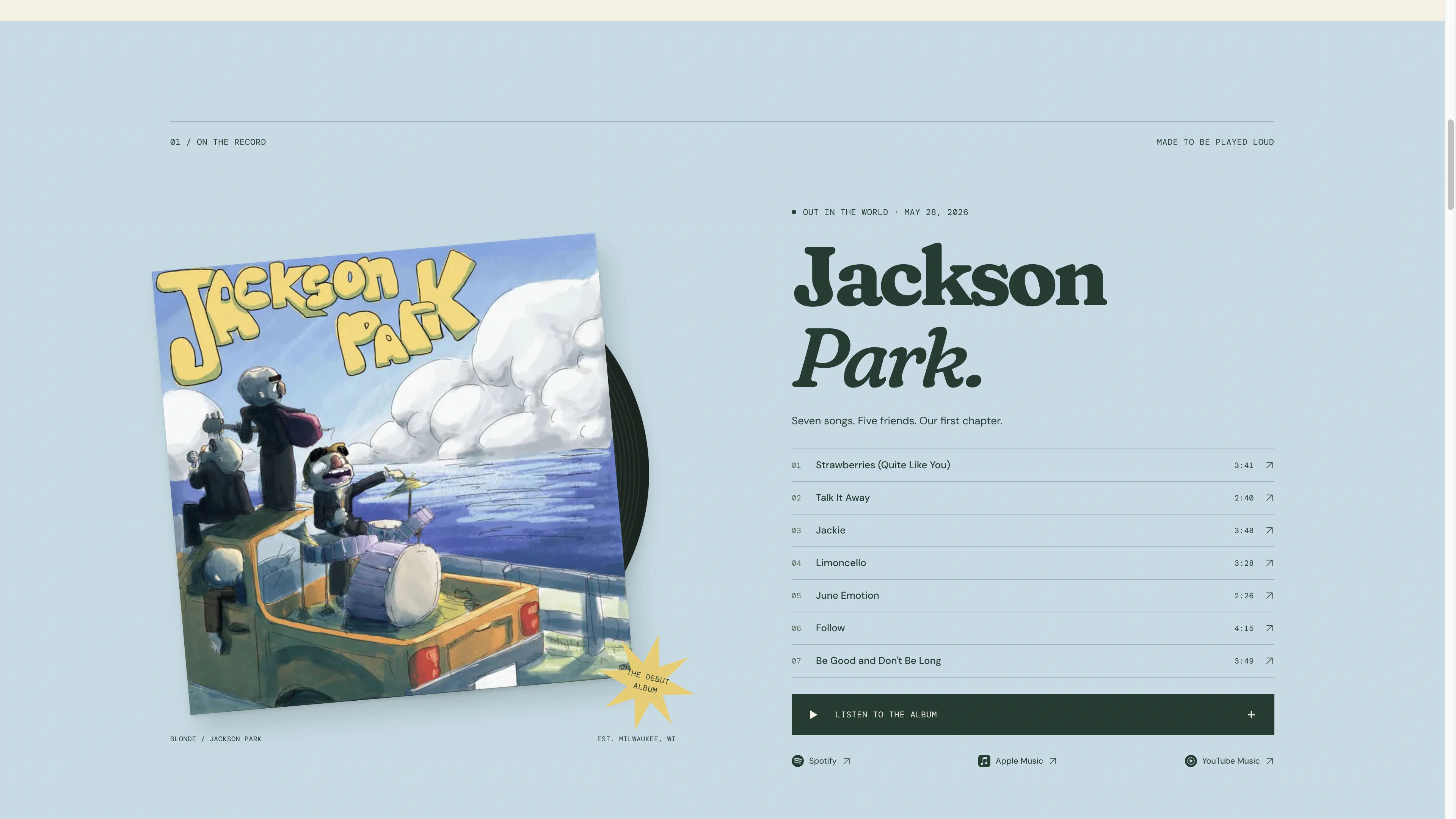 Blonde’s Jackson Park album section with record artwork, track listing, and streaming links