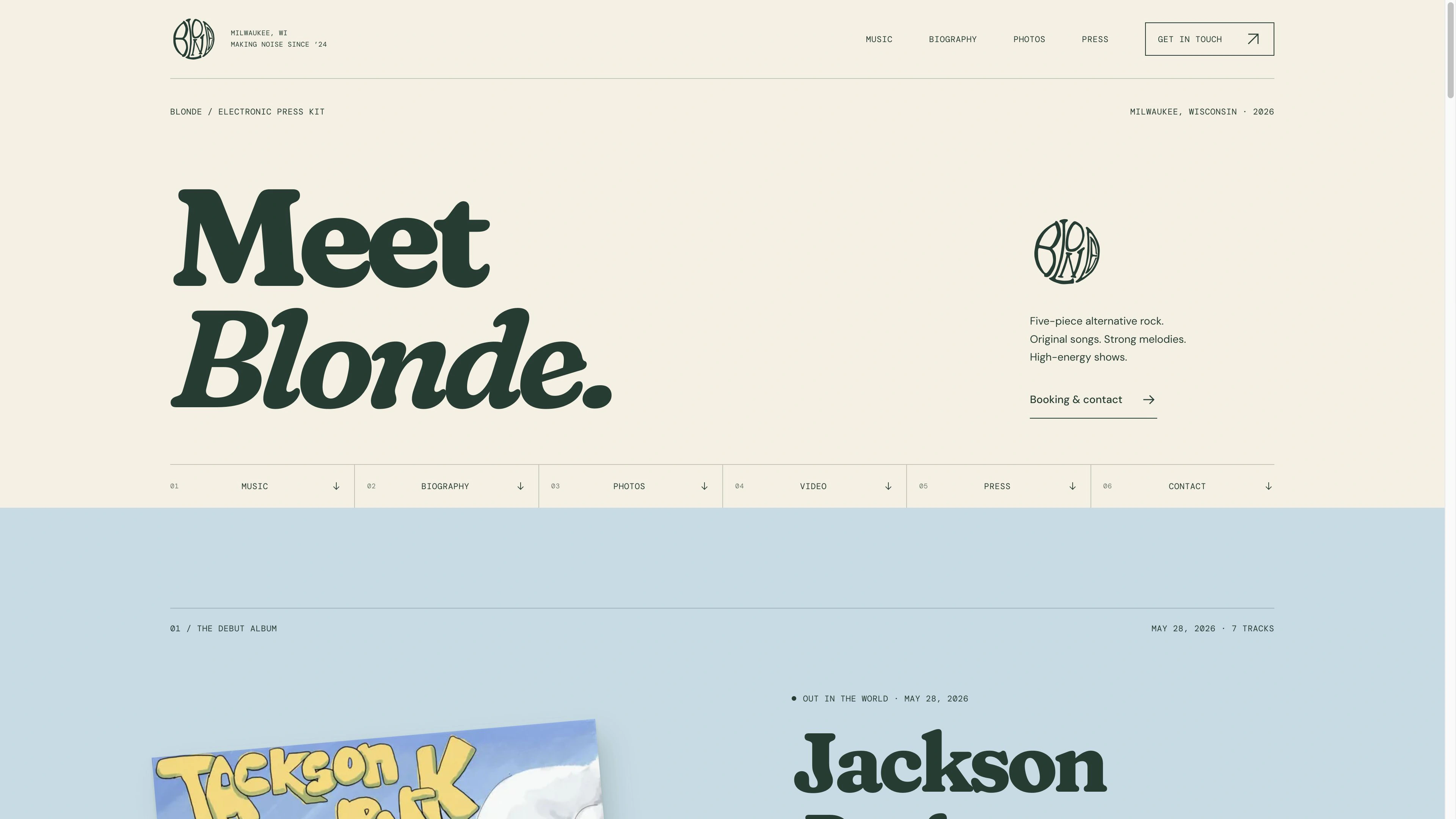 Blonde’s electronic press kit with navigation for music, biographies, photos, video, and press