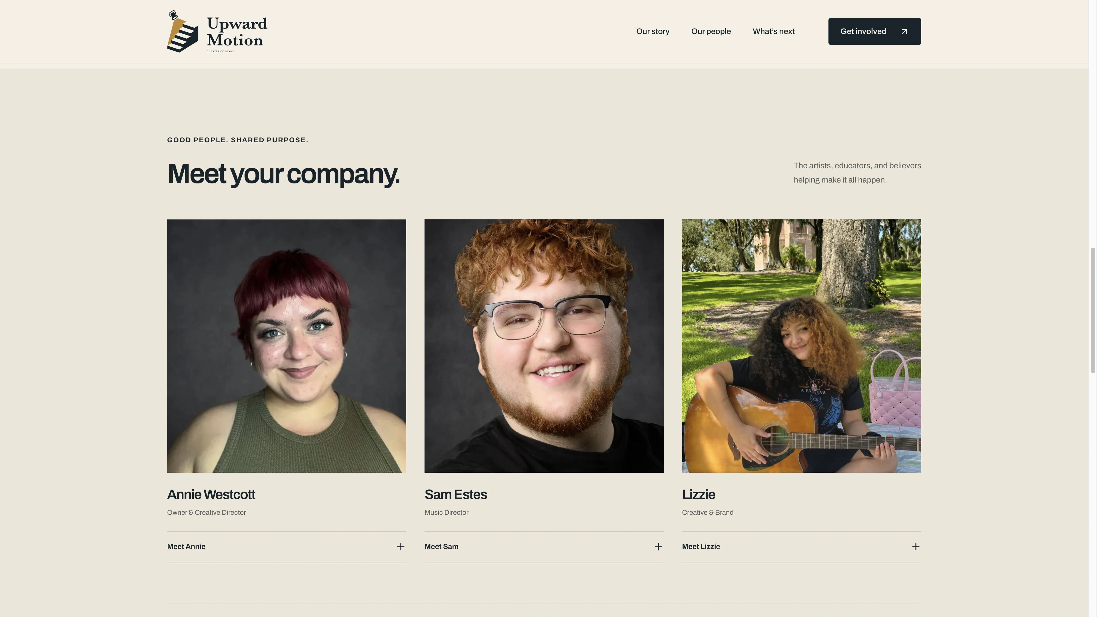 Upward Motion’s company section with portraits and biographies of its creative team